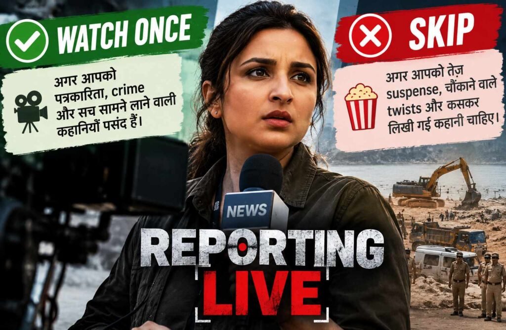 Reporting Live movie review featuring a female journalist with Watch Once or Skip verdict.
