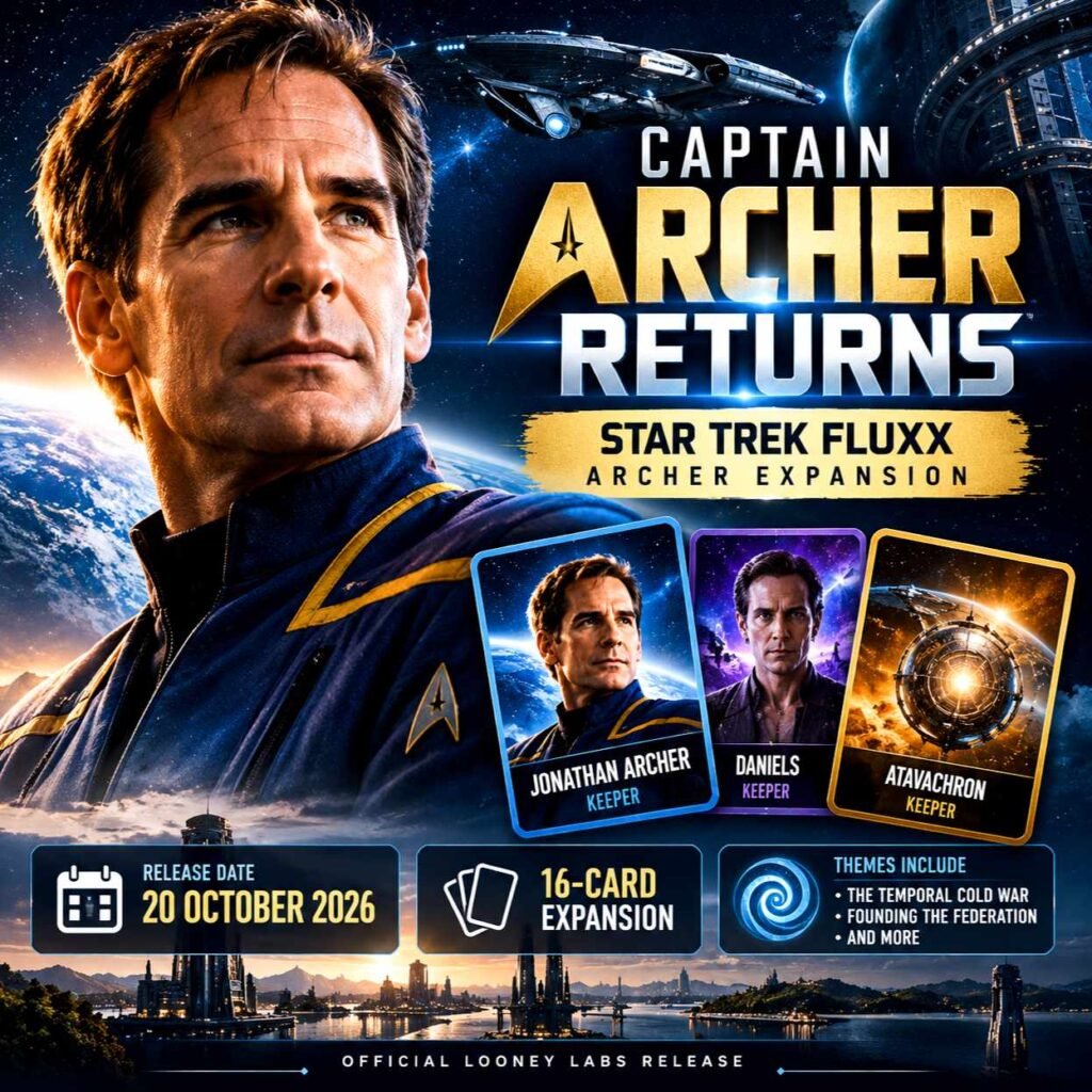 Star Trek Fluxx Archer Expansion का vertical poster, जिसमें Captain Archer और expansion के प्रमुख cards दिखाए गए हैं।